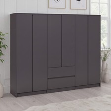Malvern Grey 6 Door Modern Wardrobe with Drawer and Hanging Rail Bedroom Storage