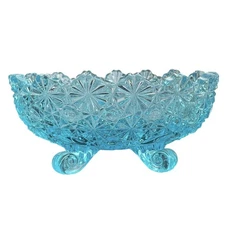 Daisy & Button Turquoise Blue Footed Glass Candy Dish Bowl L.G. Wright Vintage