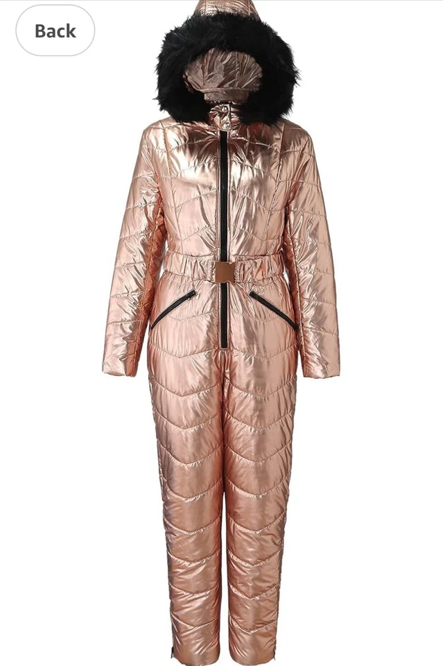 Women’s One Piece Snowsuit Ski Suit Fur Hood Waterproof Winter Snowboarding Pink - Image 3 of 4