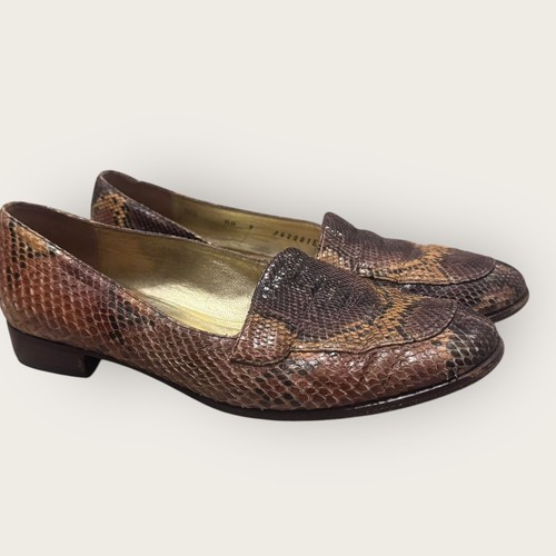 Bruno Magli VTG Snakeskin Loafers Italy Round Toe 9AA - Fit Like 8/ Luxury Brown - Picture 2 of 13