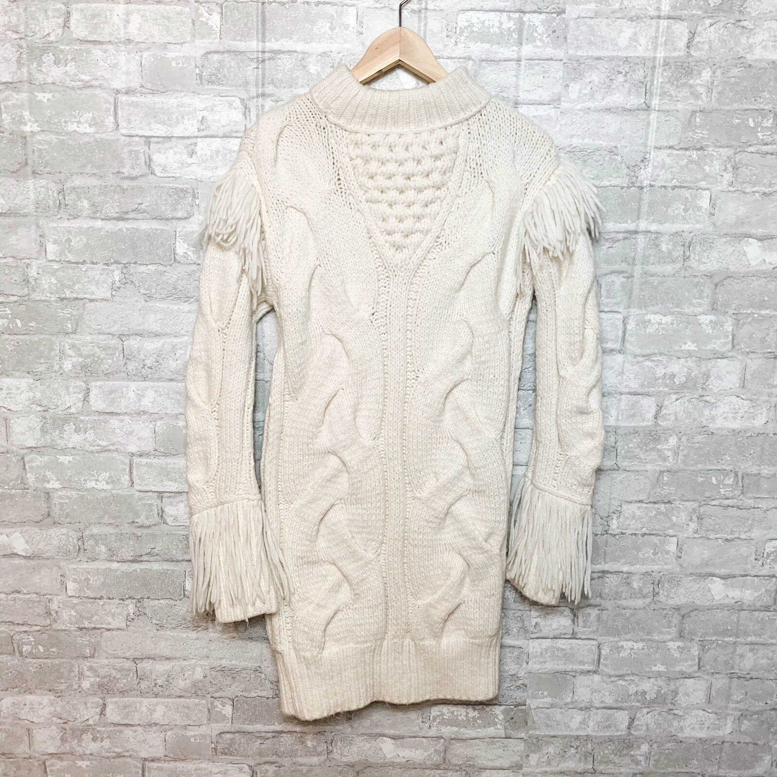 Coach Patchwork Aran Maglione Lana Manica Lunga Mini Abito Avorio Donna XS