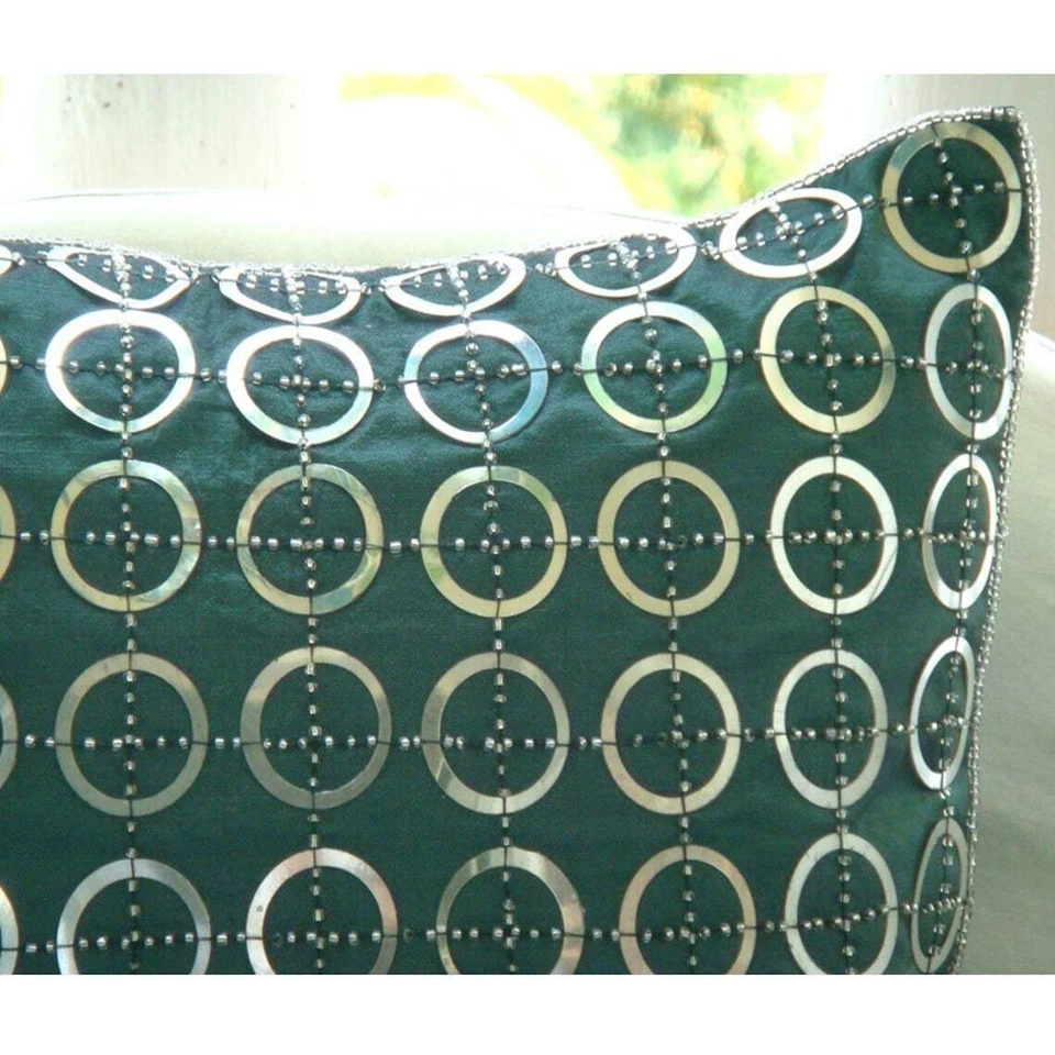 Cushion Case Blue 16"x16", Bed Decor Silk Circles & Dots - Teal N Silver Rings - Image 2 of 4