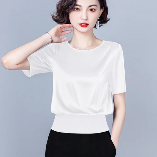Damen Freizeit 100 % Seide Tee T-Shirts Kurzarm tailliert Bluse Basic Sommer Top - Bild 10 von 12