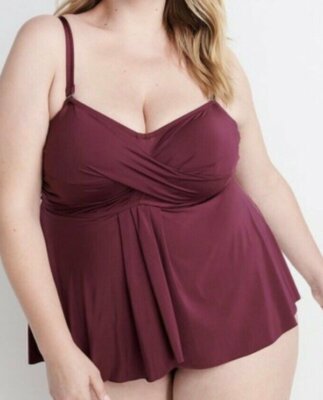 RYLLACE BURGUNDY TWISTED FRONT SLIMMING ONE PIECE SWIMSUIT SWIM DRESS PLUS SZ 18