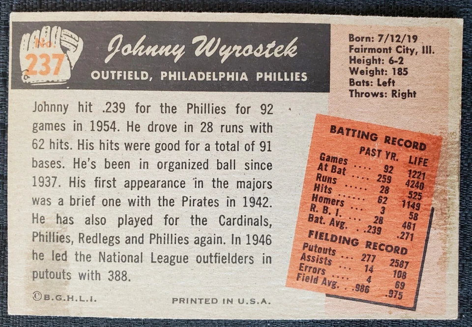 1955 Johnny Wyrostek Philadelphia Phillies Bowman MLB Card #237 - Image 2 of 2