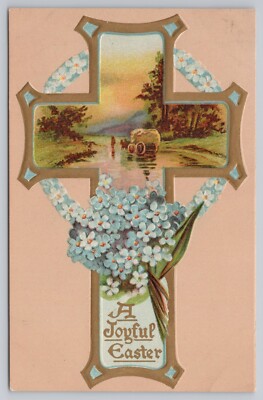A Joyful Easter Cross Outdoor Scene Blue Flowers Gold Trim Embossed