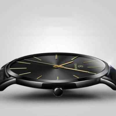 Men Trendy Ultra Thin Minimalist Watch Slim Leather Strap Stainless Steel Quartz