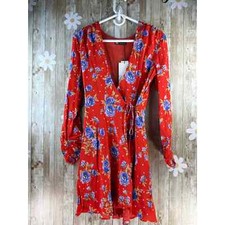 Zara Wrap Mini Dress Sz Small Red Blue Floral Long Sleeve Ruched Stretch A-Line