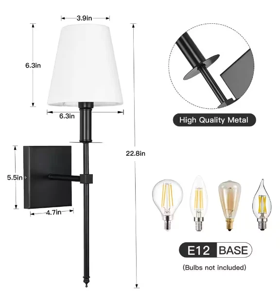 Aplique de pared con pantalla de tela blanca lámpara de pared para dormitorio baño tocador luz paquete de 2 Foto 2 de 4