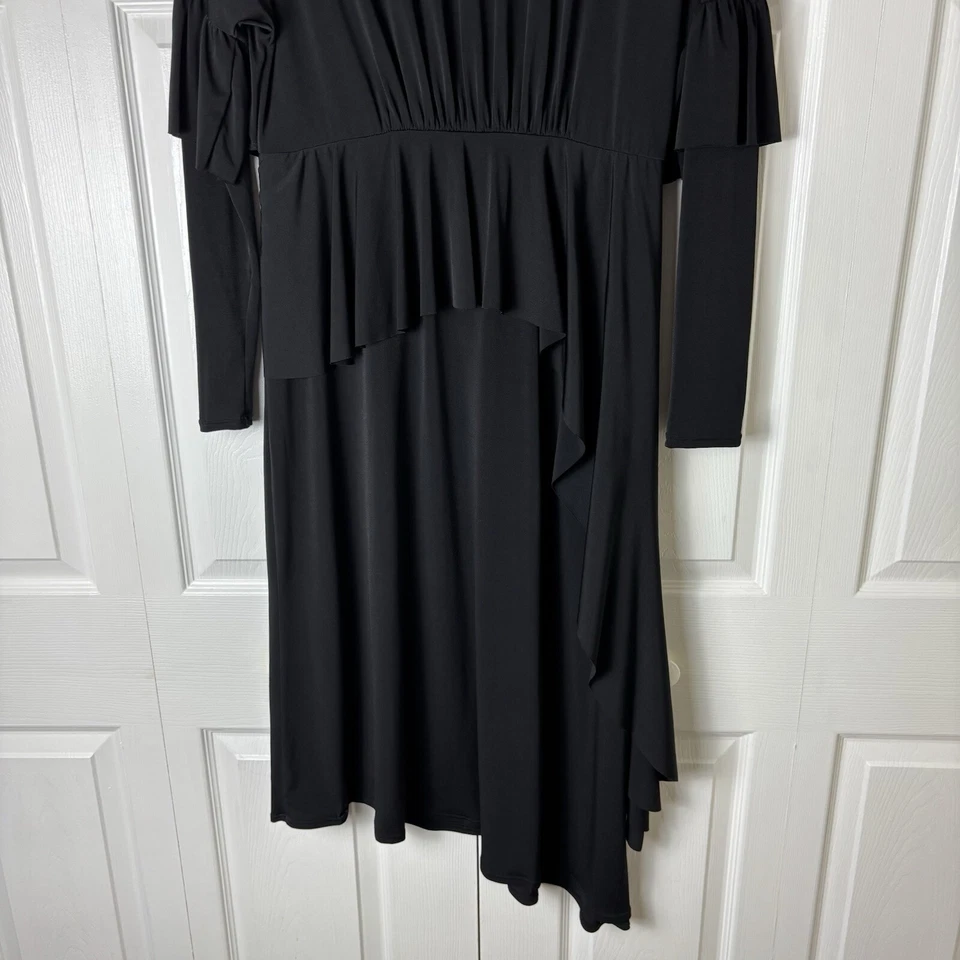 Vestido para mujer Asos 12 negro midi con volantes dobladillo asimétrico espalda abierta tejido elástico Foto 3 de 4