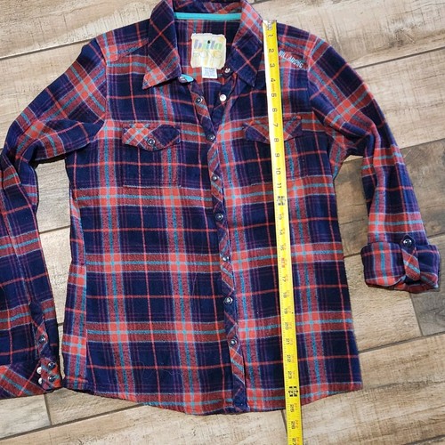 Billabong Women's Large Flannel Red Teal Long Sleeve Snap-up Shirt 100% Cotton - Picture 8 of 13