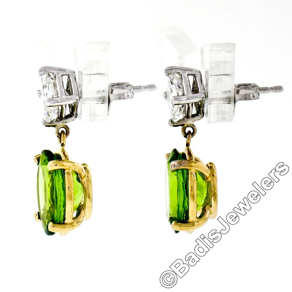 14K TT Gold 5.70ctw Oval Peridot Princess Cut Diamond Dangle Drop Earrings - Image 3 of 4