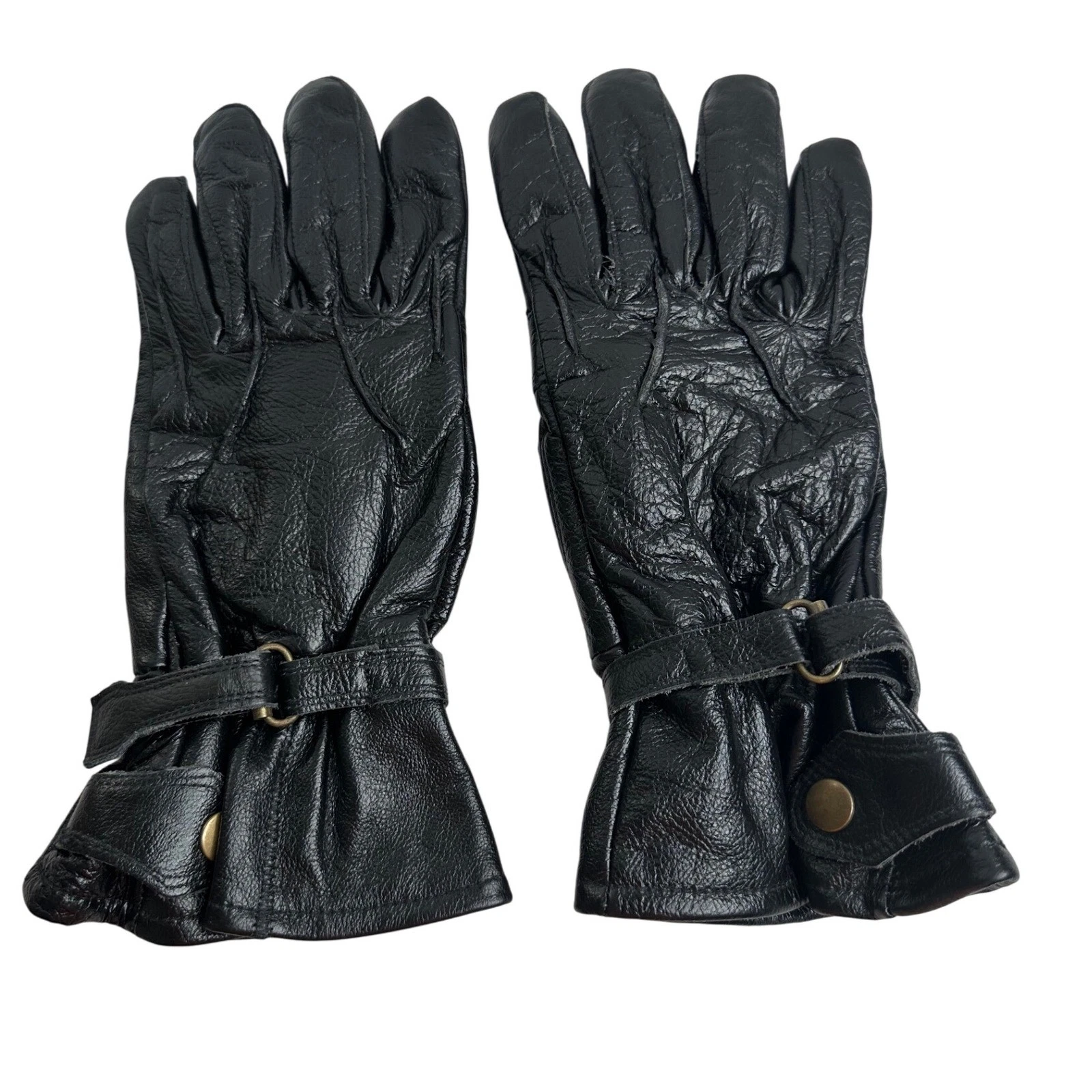 Men's Black Genuine Leather Gloves Lined Size Large Adjustable Strap Bikercore