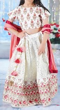 Little Bansi Girl's Cream Viscose Silk Floral Embroidered Lehenga Set - Sz 11/12
