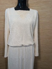 Vintage Long Sleeve Cream Dress 12P Made in USA Cream Crepe Lace Chiffon Wedding