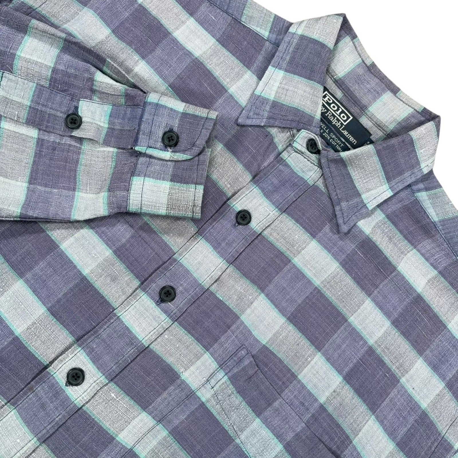 Vintage Polo Ralph Lauren Lowell Sport Shirt Mens M Purple Plaid Silk Blend 90s