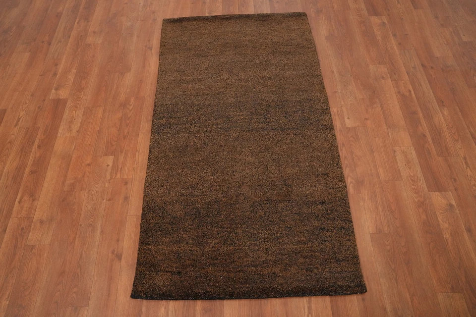 Chocolate Brown Runner Rug 2x5 Modern Style Oriental Handmade Wool Carpet - Image 2 of 4