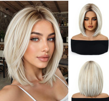 Short Bob Rooted Blonde Synthetic Hair Wigs With Bangs Women Soft Natural