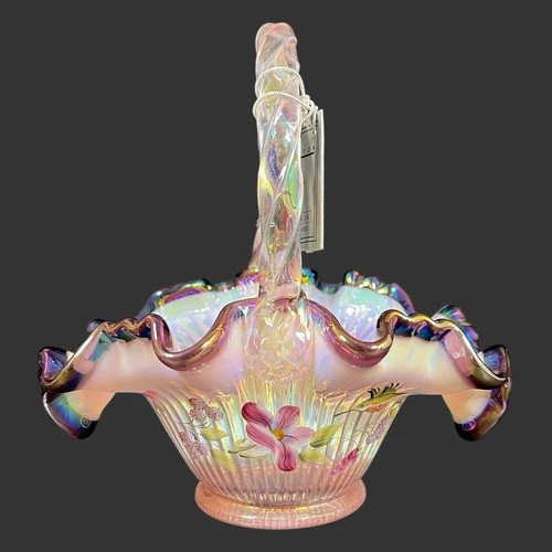 Vtg Fenton Iridescent Ribbon Candy Hummingbird Glass Basket Handpainted Signed