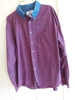 Wrangler PBR Red &Blue Plaid Long Sleeve Mens Shirt Contrast Denim Collar SZ L