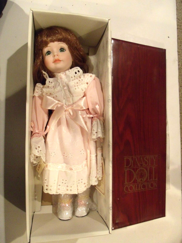 Dynasty Collector's Porcelain Girl Doll 16.5" Auburn Hair Green Eyes