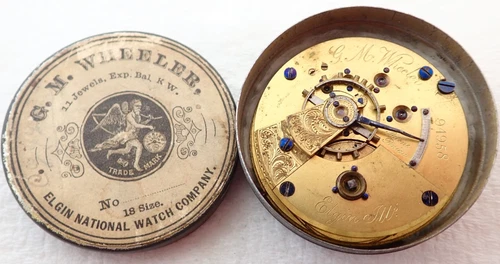 ANTIQUE 18s ELGIN GM WHEELER 11J KEY WIND POCKET WATCH MOVEMENT W/ORIG TIN