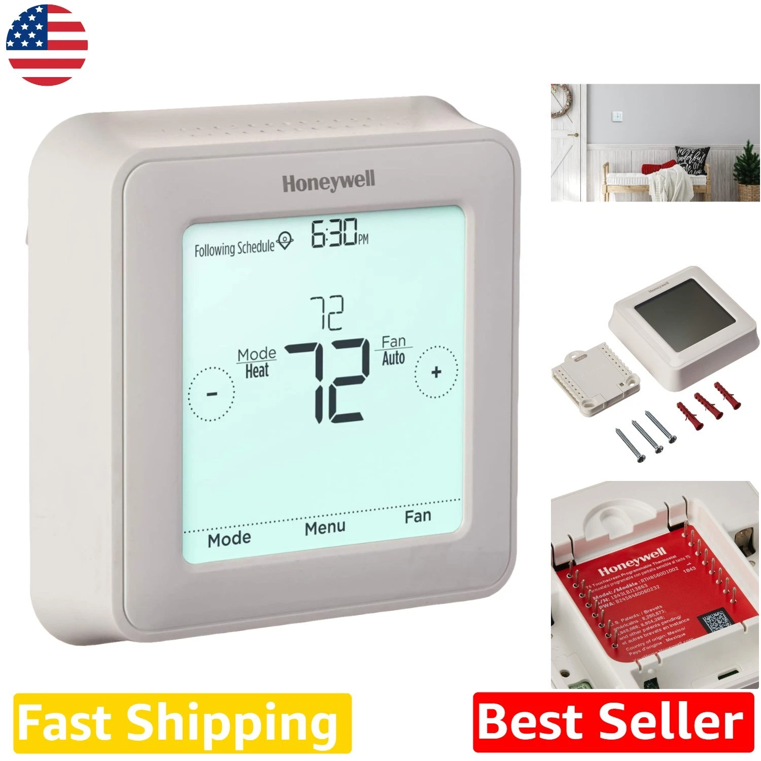 Smart Touchscreen Thermostat - 7-Day Programmable, Heating/Cooling Control