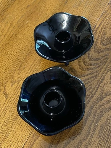 Fenton Black Glass 3 Toed 6 Petal Pair Of Candlesticks