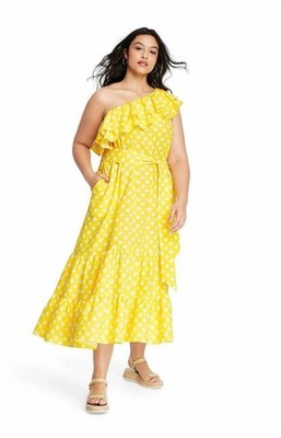 Lisa Marie Fernandez x Target Dress Polka Dot Ruffle One Shoulder Yellow M Linen
