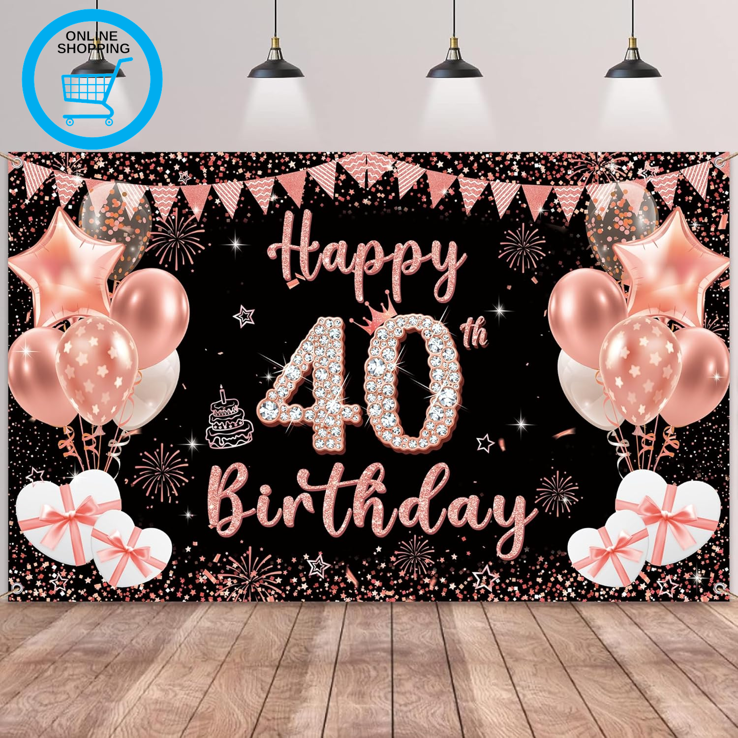 40Th Birthday Decoration Backdrop Banner - Black Rose Gold Happy 40Th Birthday B
