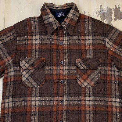 STAGE II - Vtg 70s-80s Brown Plaid Thick Wool-blend Shirt Jacket 