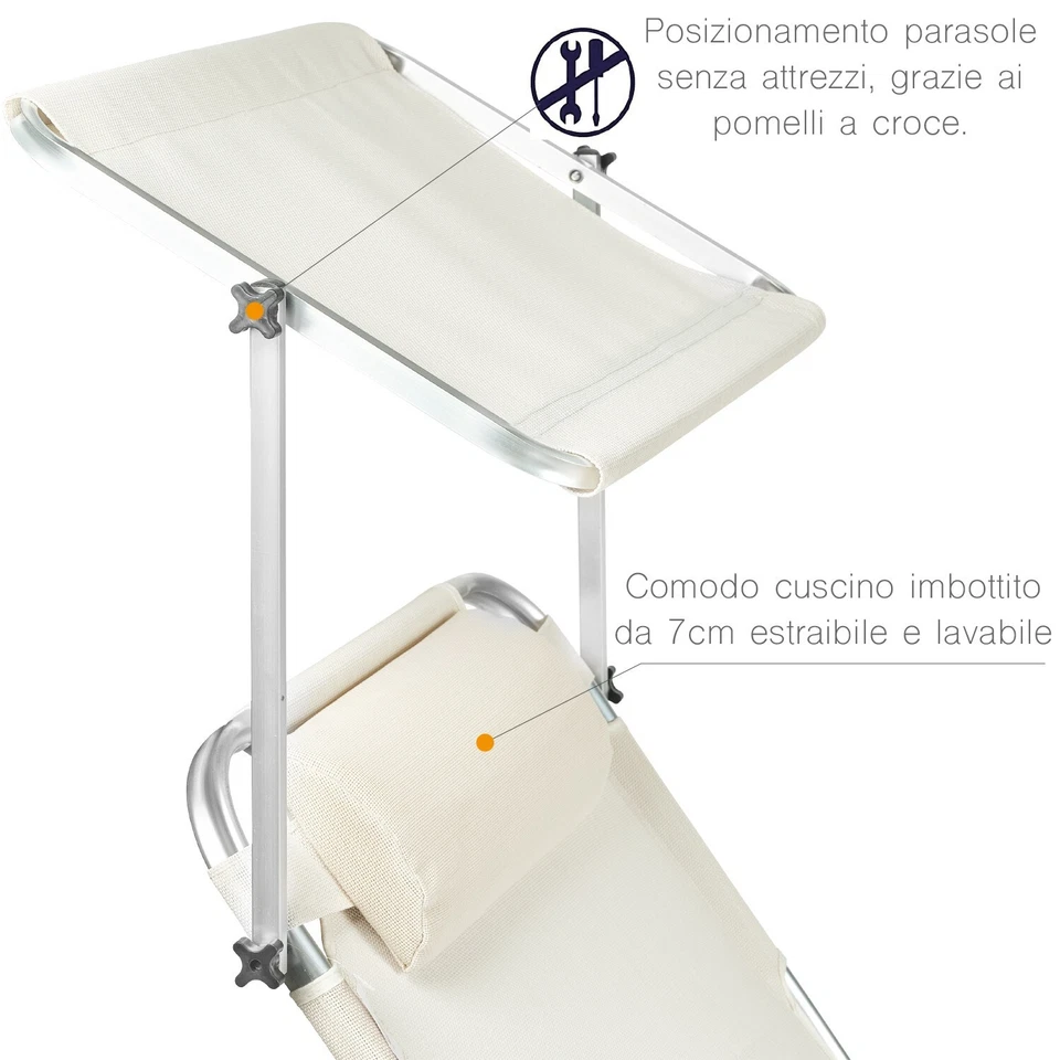 Lettino Prendisole Pieghevole in Alluminio con TETTUCCIO spiaggia mare piscina - Immagine 2 di 4