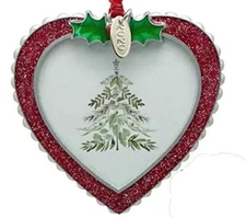 Photo Frame Christmas Ornament Red Glitter Heart w Holly Metal NEW