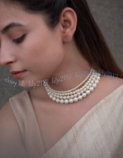 4 Rows White South Sea Shell Pearl Faux Pearl Round Beads Choker Necklace 16''