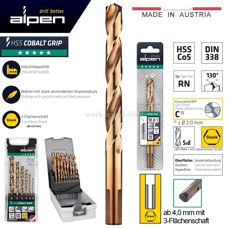 ALPEN-MAYKESTAG Alpen GRIP HSS-Co5 130° Edelstahl Bohrer 1,0-13mm - Edelstahl/INOX, Stahl, Alu