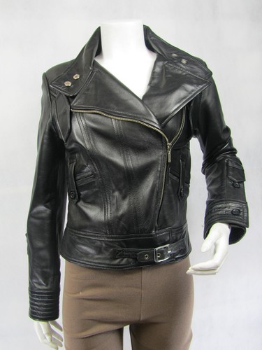 Ladies Black Napa Leather Stud Zip Slim Tight Fitted Short Biker Jacket Bike - Afbeelding 1 van 12