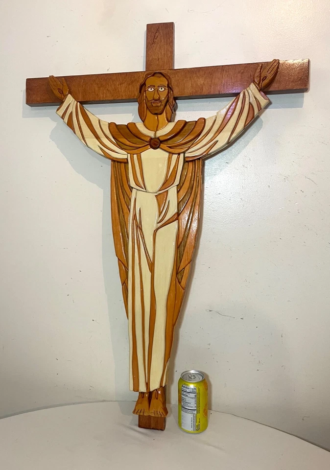 ENORME tallado Jesucristo Intarsia madera arte pared marquetería escultura crucifijo Foto 3 de 4