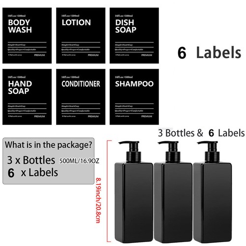 2/3 Piezas 500ml Dispensador de Jabón Champú Acondicionador Loción Botella con 6 Etiquetas - Imagen 29 de 32