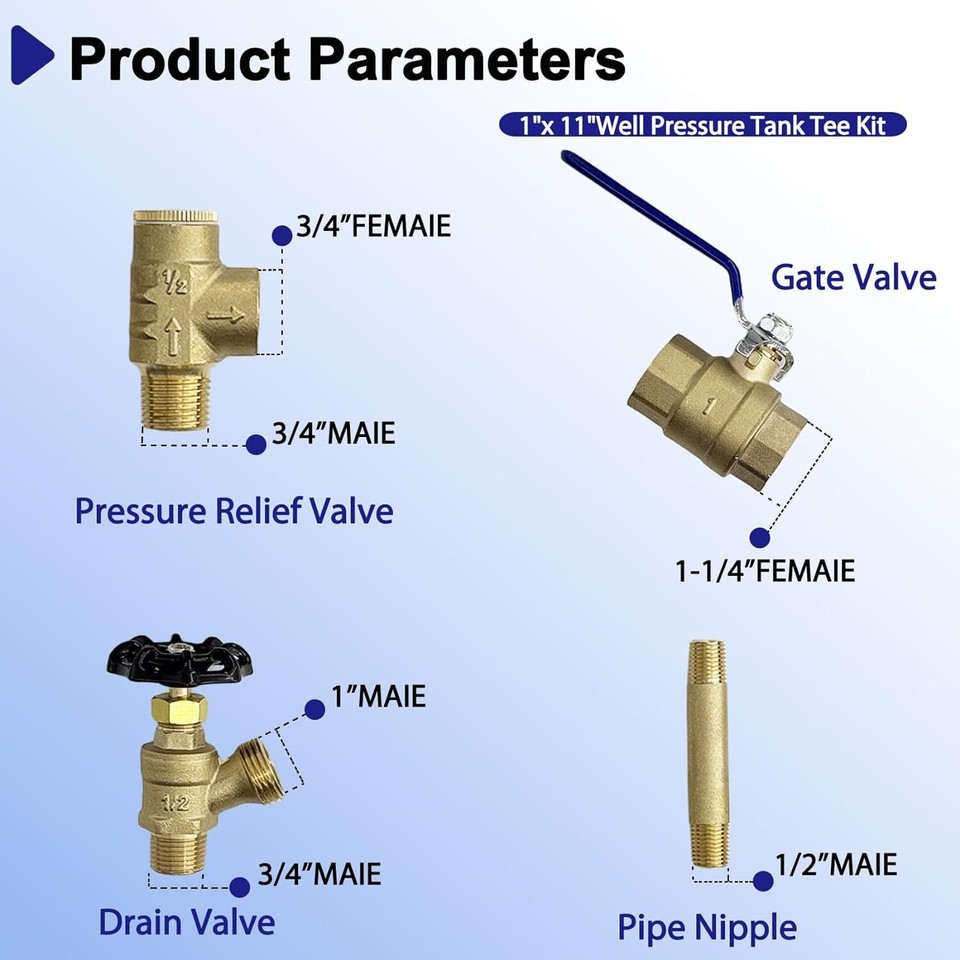 1"x 11"Well Pressure Tank Tee Kit with 40/60psi Pressure Switch, Brass