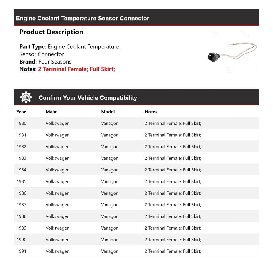 Разъем датчика температуры охлаждающей жидкости двигателя Volkswagen Vanagon 1980-91 годов выпуска 4 сезона - Изображение 2 из 4