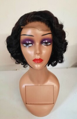 Rohe unverarbeitete reine Echthaar federnde Locken 4x4 Verschluss Lace Front kurze Perücke