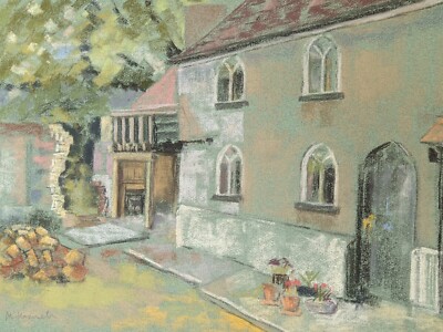 Vintage Original Pastellzeichnung von Michael Haswell 1931-2020 Dorf Straßenszene