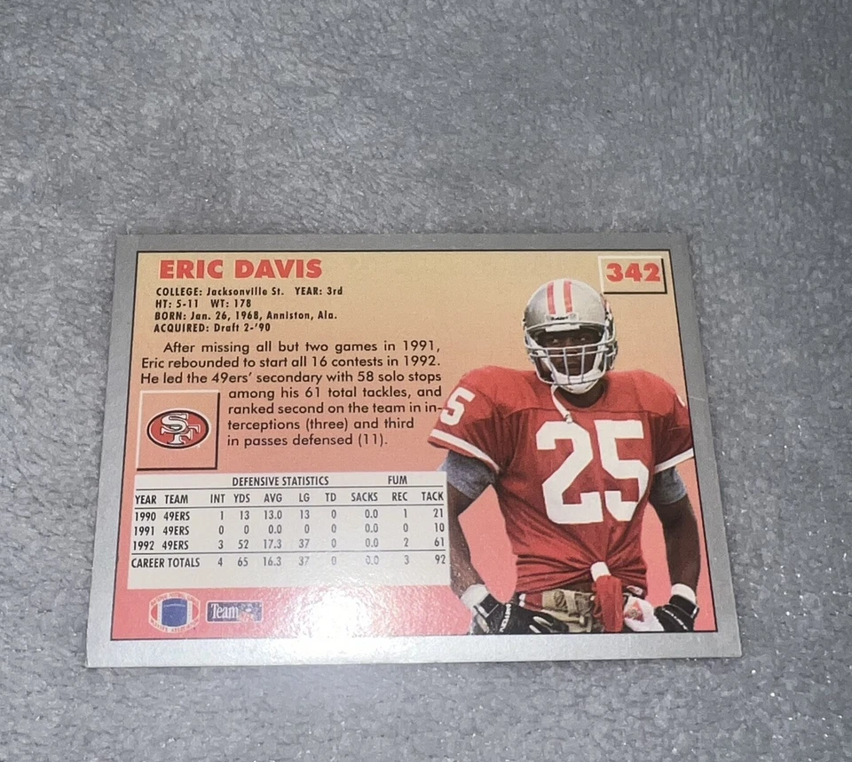 Vintage 1993 NFL Eric Davis Fleer Sports Trading Card 342 San Francisco 49ers - Image 3 of 4