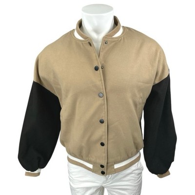 Boohoo Men's Tan Black Colorblock Long Sleeve Snap Varsity Bomber Jacket Size 4