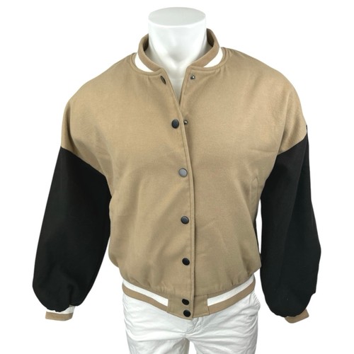 Boohoo Men's Tan Black Colorblock Long Sleeve Snap Varsity Bomber Jacket Size 4