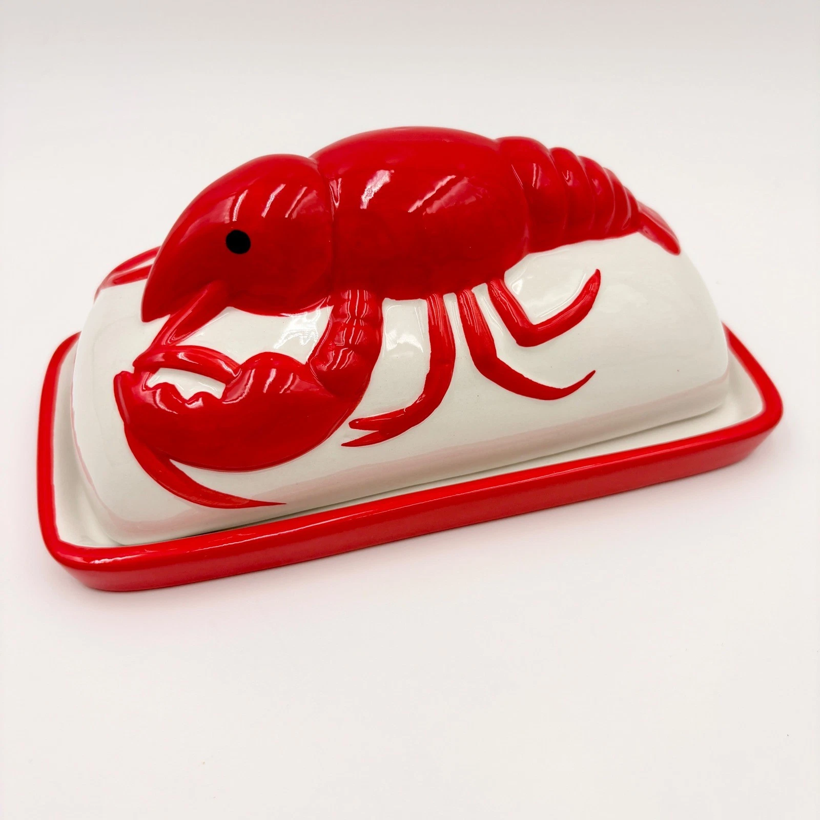 Shades of Summer Red Lobster Ceramic Butter Dish Coastal Nautical 3D Relief 8"