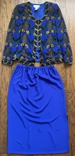 Vintage 1994 Niteline Della Roufogali 2 Pc Silk Beaded Skirt Set Blue L/XL
