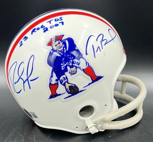 Tom Brady Randy Moss Signed Autographed  Patriots 2 Bar Mini Helmet Beckett BAS