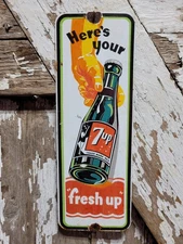 VINTAGE 7UP PORCELAIN SIGN OLD SODA POP BEVERAGE BOTTLE GENERAL GAS STORE DRINK