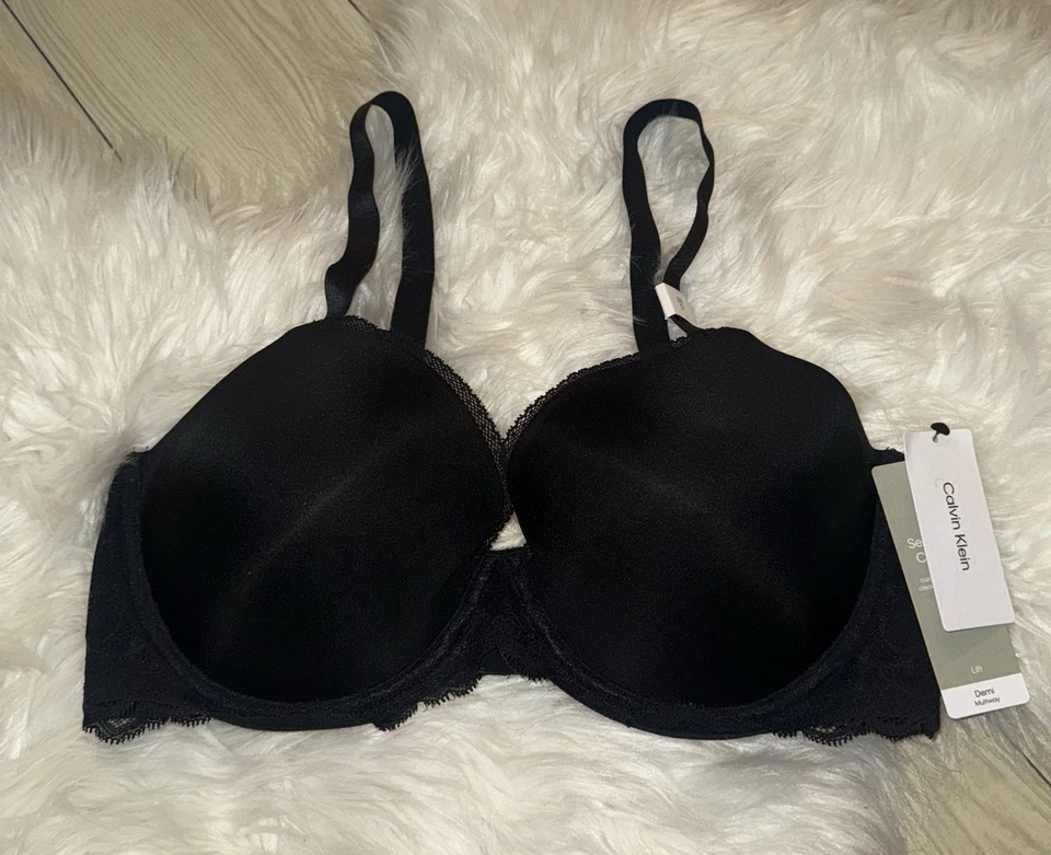 Calvin Klein QF1444 Seductive Comfort Lace Demi Lift Bra UW Womens 38D Black New - Image 2 of 4